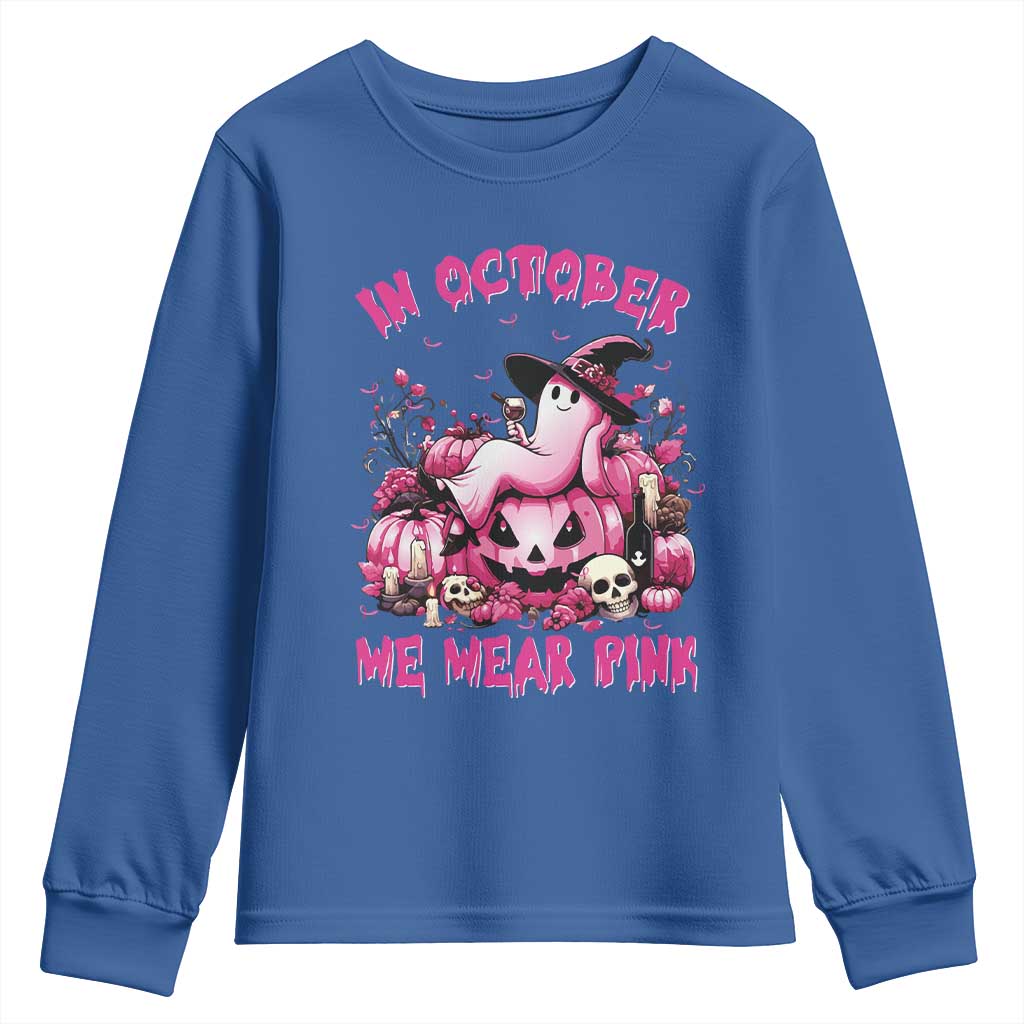 Breast Cancer Support Youth Sweatshirt In October We Wear Pink Halloween Ghost Pumpkin Wine Skull