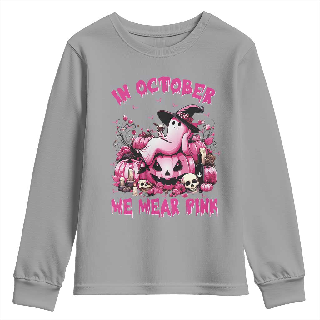 Breast Cancer Support Youth Sweatshirt In October We Wear Pink Halloween Ghost Pumpkin Wine Skull