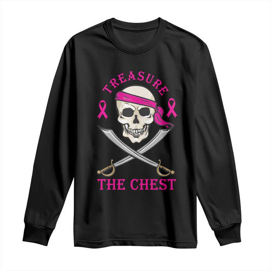 Breast Cancer Support Long Sleeve Shirt Treasure The Chest Pirate Skull Sword Pink Ribbon