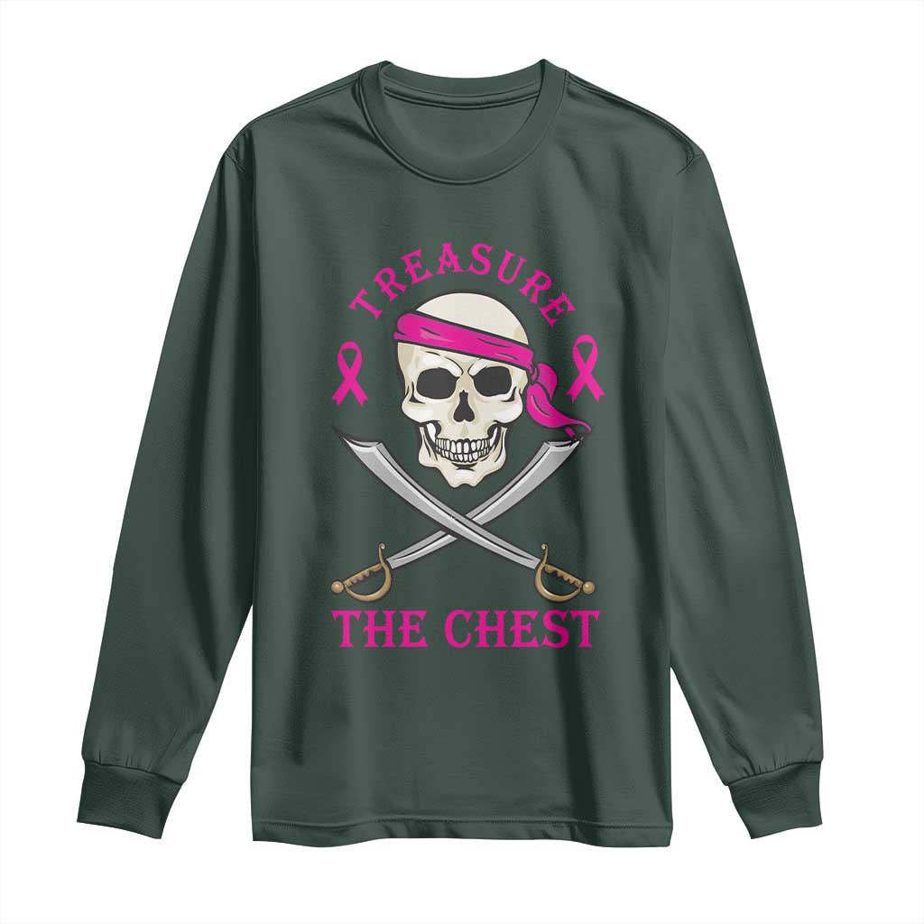 Breast Cancer Support Long Sleeve Shirt Treasure The Chest Pirate Skull Sword Pink Ribbon