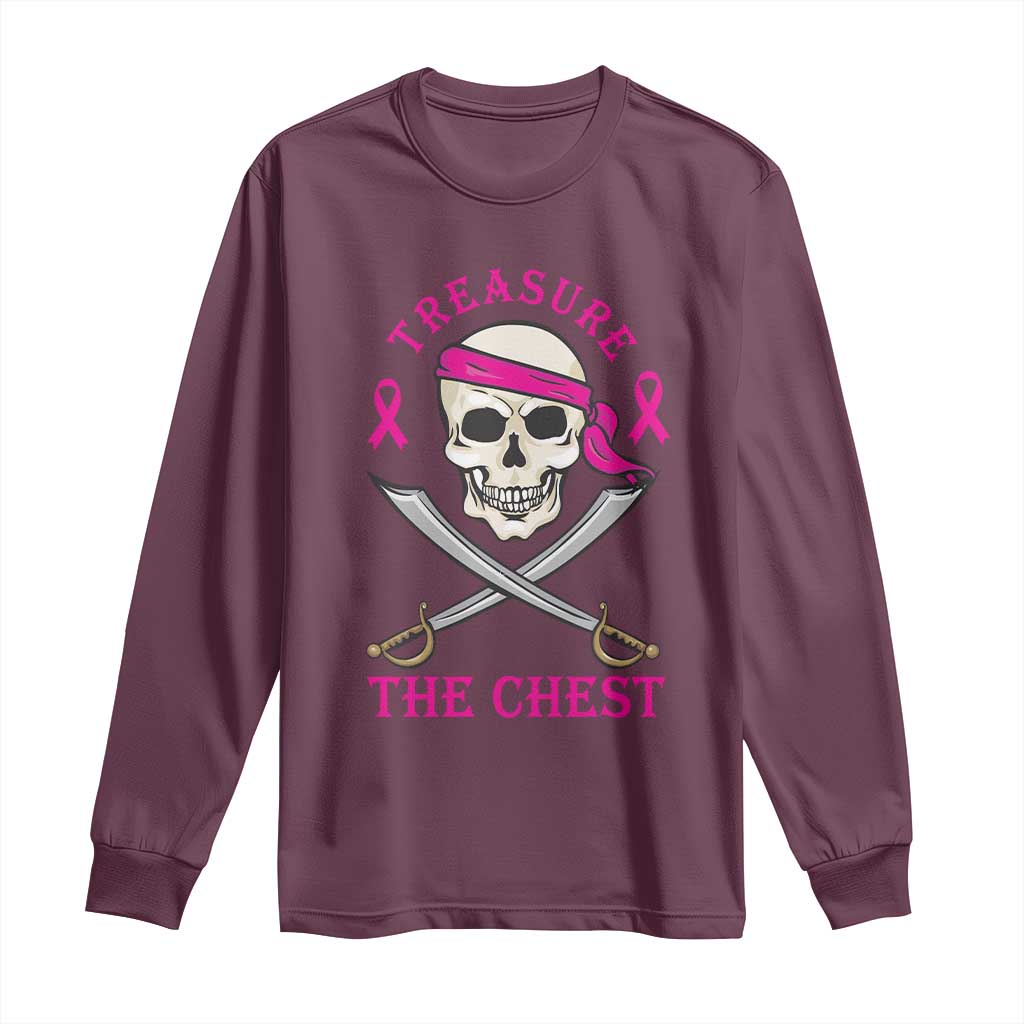 Breast Cancer Support Long Sleeve Shirt Treasure The Chest Pirate Skull Sword Pink Ribbon