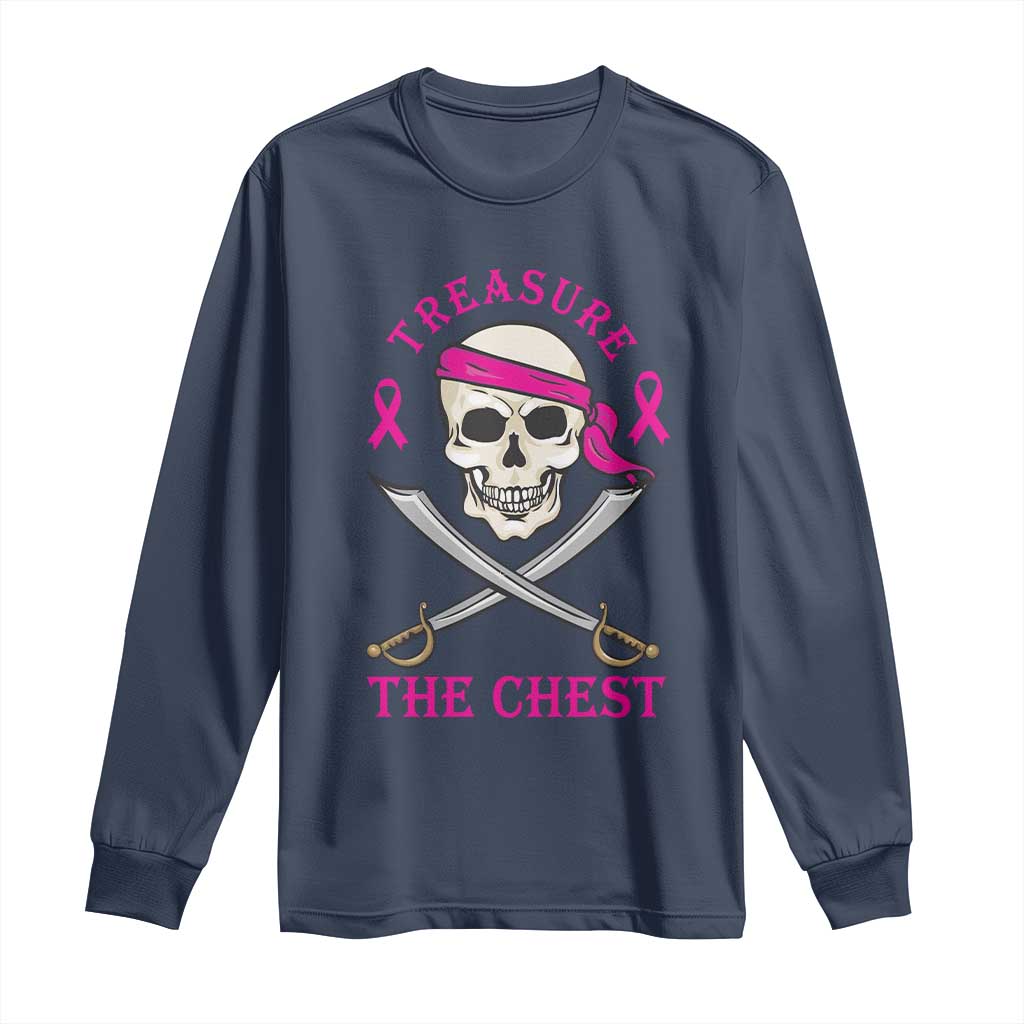 Breast Cancer Support Long Sleeve Shirt Treasure The Chest Pirate Skull Sword Pink Ribbon