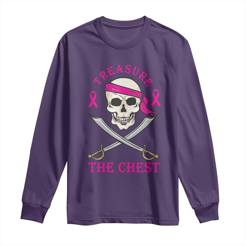 Breast Cancer Support Long Sleeve Shirt Treasure The Chest Pirate Skull Sword Pink Ribbon
