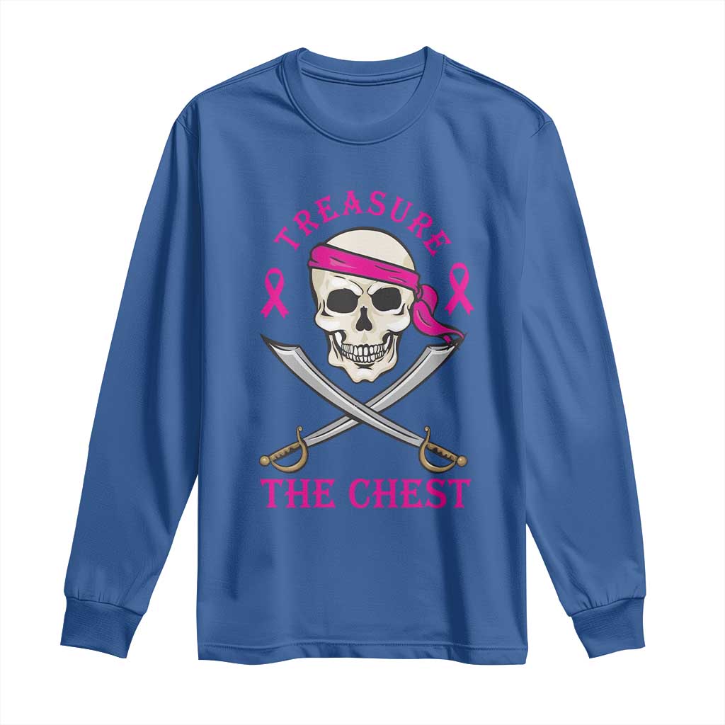 Breast Cancer Support Long Sleeve Shirt Treasure The Chest Pirate Skull Sword Pink Ribbon