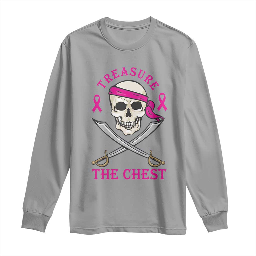 Breast Cancer Support Long Sleeve Shirt Treasure The Chest Pirate Skull Sword Pink Ribbon