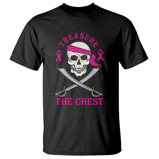 Breast Cancer Support T Shirt Treasure The Chest Pirate Skull Sword Pink Ribbon