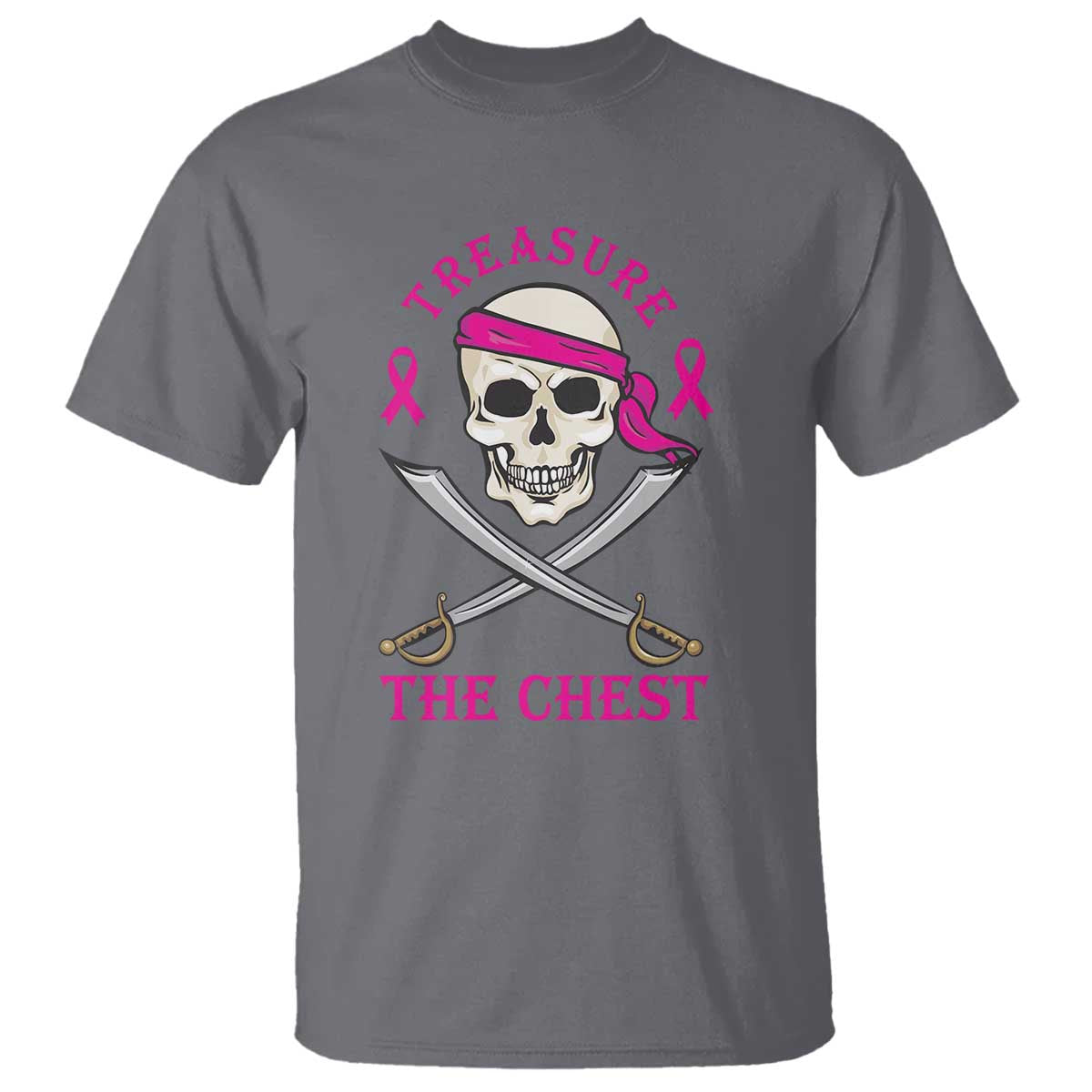 Breast Cancer Support T Shirt Treasure The Chest Pirate Skull Sword Pink Ribbon