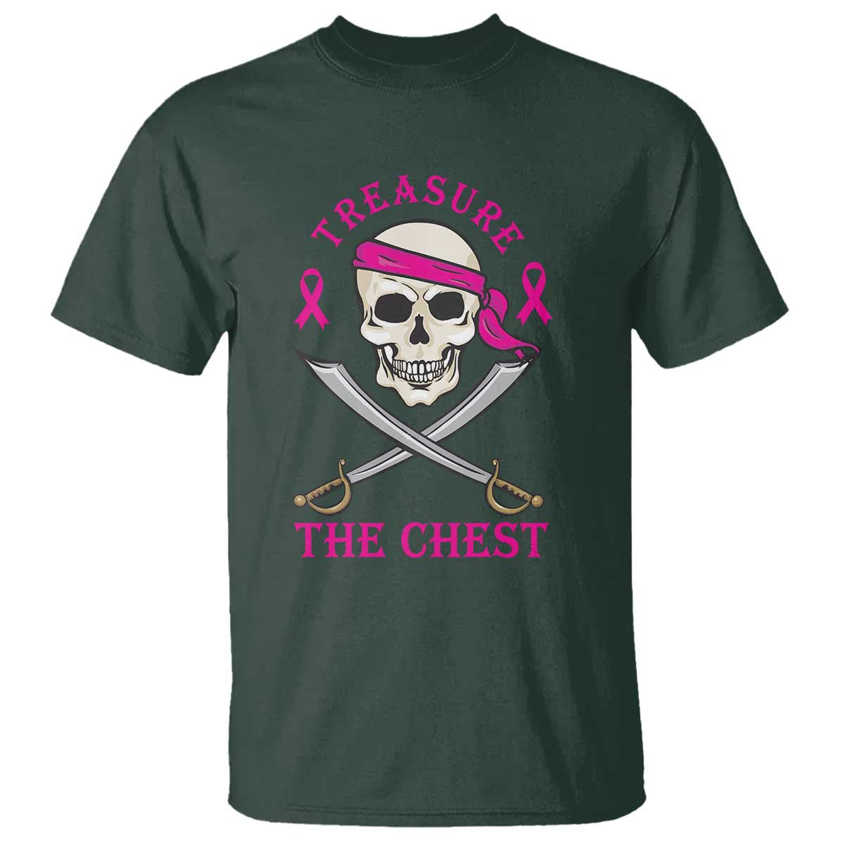 Breast Cancer Support T Shirt Treasure The Chest Pirate Skull Sword Pink Ribbon