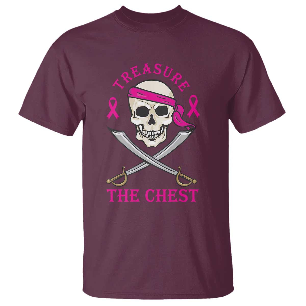 Breast Cancer Support T Shirt Treasure The Chest Pirate Skull Sword Pink Ribbon