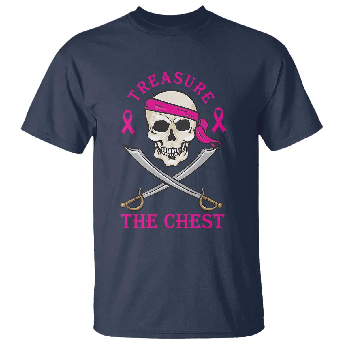 Breast Cancer Support T Shirt Treasure The Chest Pirate Skull Sword Pink Ribbon
