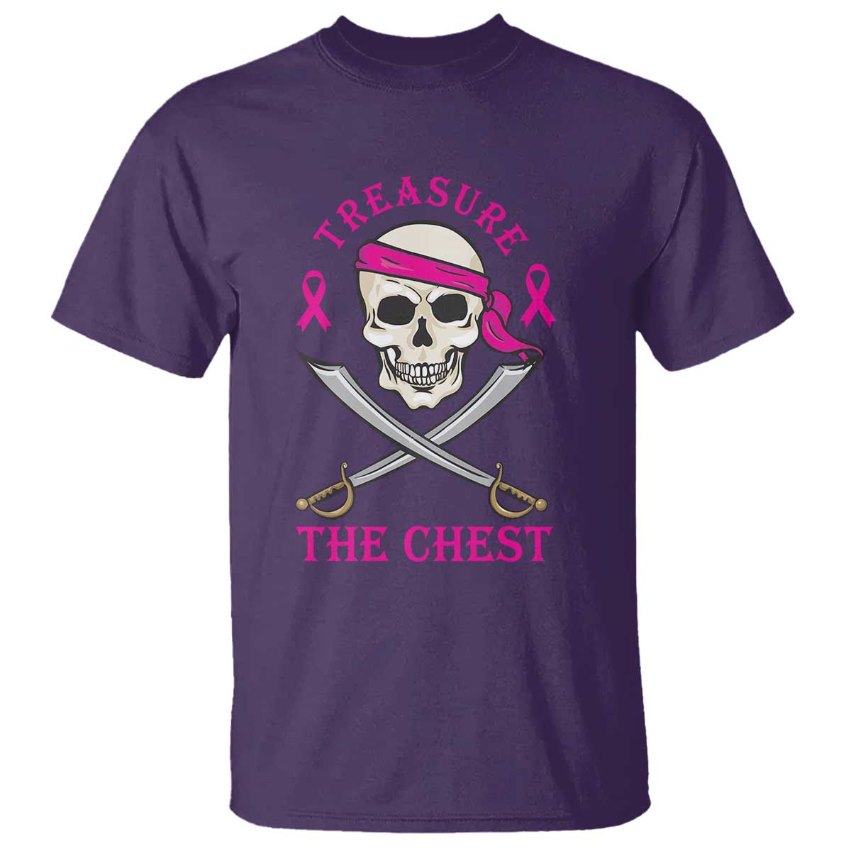 Breast Cancer Support T Shirt Treasure The Chest Pirate Skull Sword Pink Ribbon