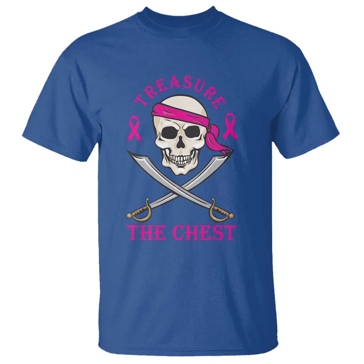 Breast Cancer Support T Shirt Treasure The Chest Pirate Skull Sword Pink Ribbon