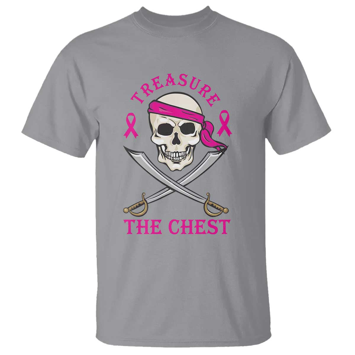 Breast Cancer Support T Shirt Treasure The Chest Pirate Skull Sword Pink Ribbon