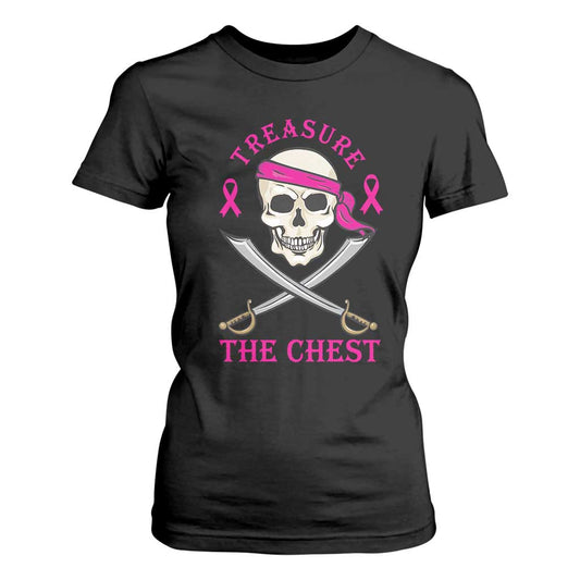 Breast Cancer Support T Shirt For Women Treasure The Chest Pirate Skull Sword Pink Ribbon