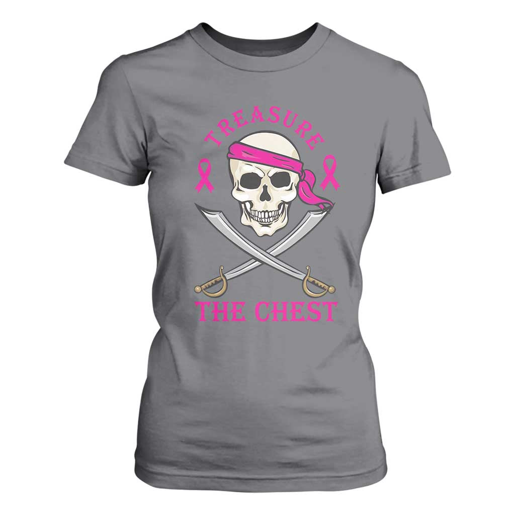 Breast Cancer Support T Shirt For Women Treasure The Chest Pirate Skull Sword Pink Ribbon