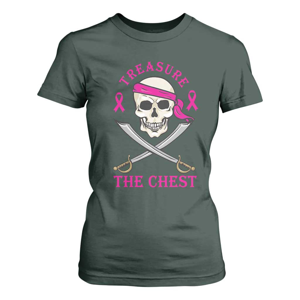 Breast Cancer Support T Shirt For Women Treasure The Chest Pirate Skull Sword Pink Ribbon