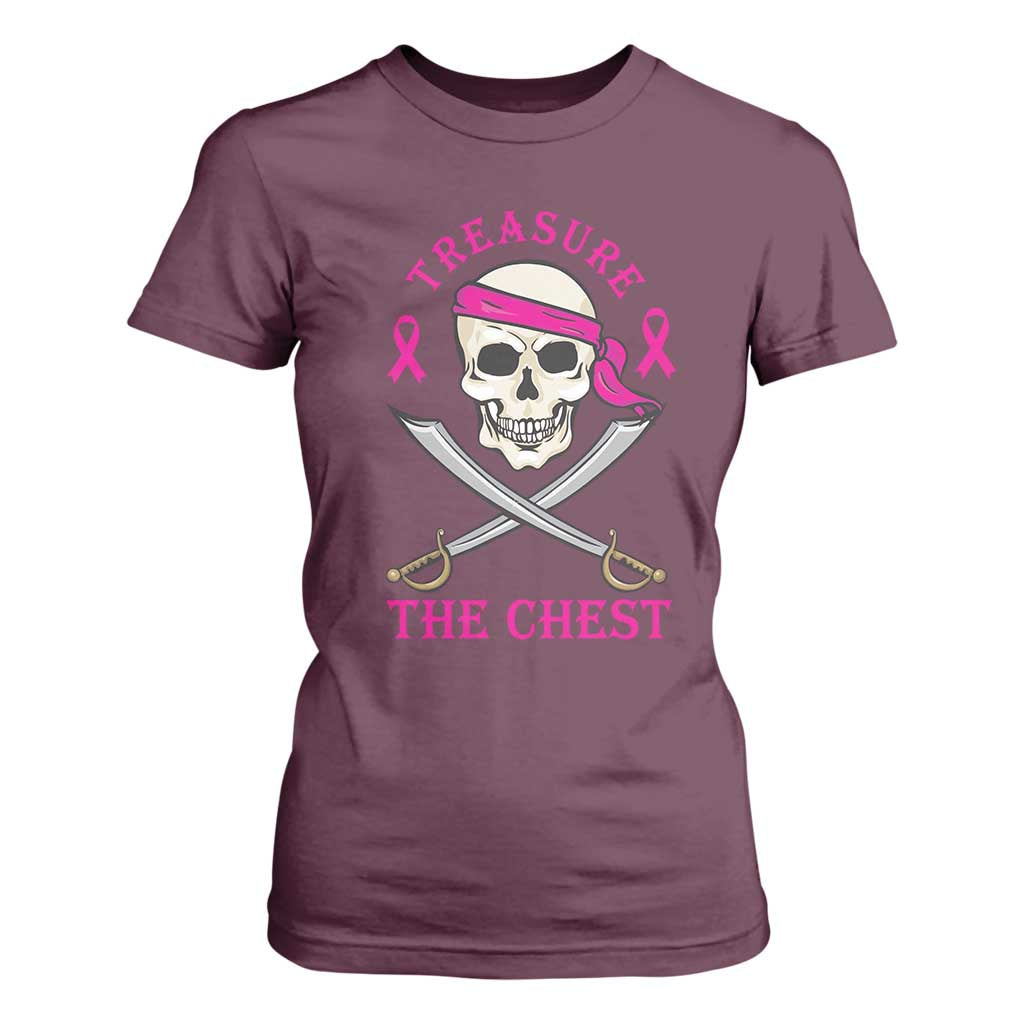 Breast Cancer Support T Shirt For Women Treasure The Chest Pirate Skull Sword Pink Ribbon