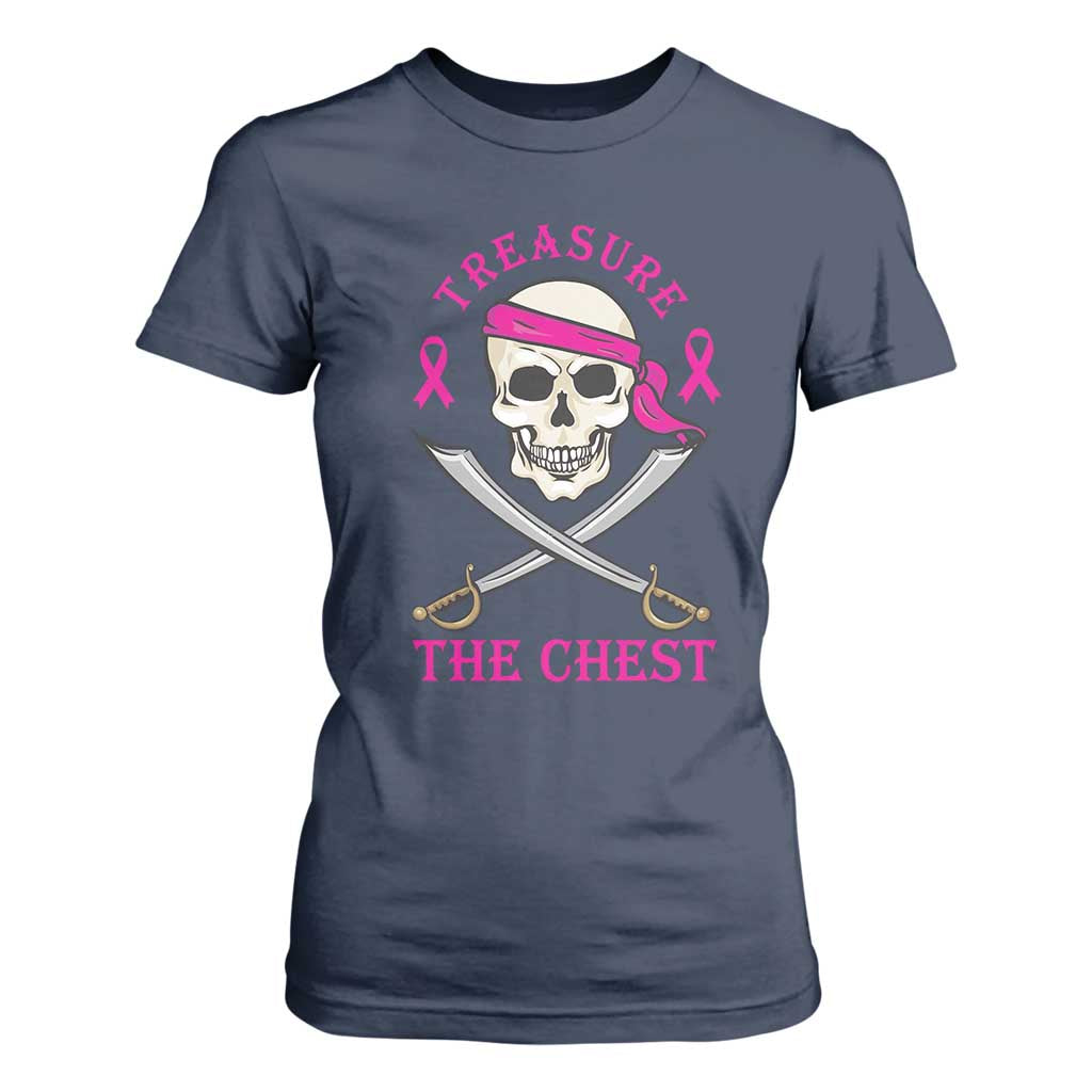 Breast Cancer Support T Shirt For Women Treasure The Chest Pirate Skull Sword Pink Ribbon