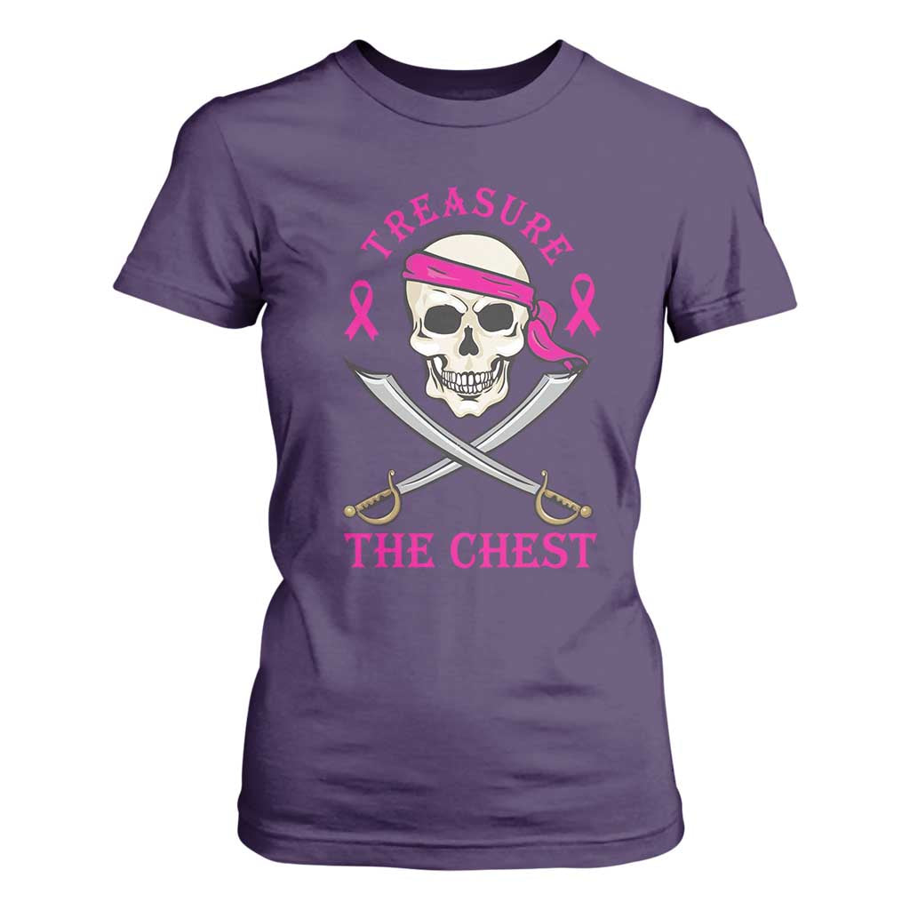 Breast Cancer Support T Shirt For Women Treasure The Chest Pirate Skull Sword Pink Ribbon
