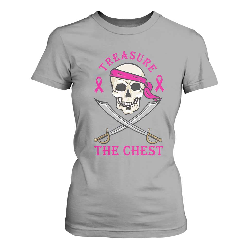Breast Cancer Support T Shirt For Women Treasure The Chest Pirate Skull Sword Pink Ribbon