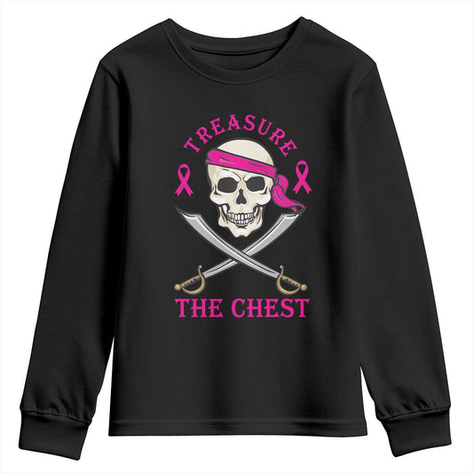 Breast Cancer Support Youth Sweatshirt Treasure The Chest Pirate Skull Sword Pink Ribbon