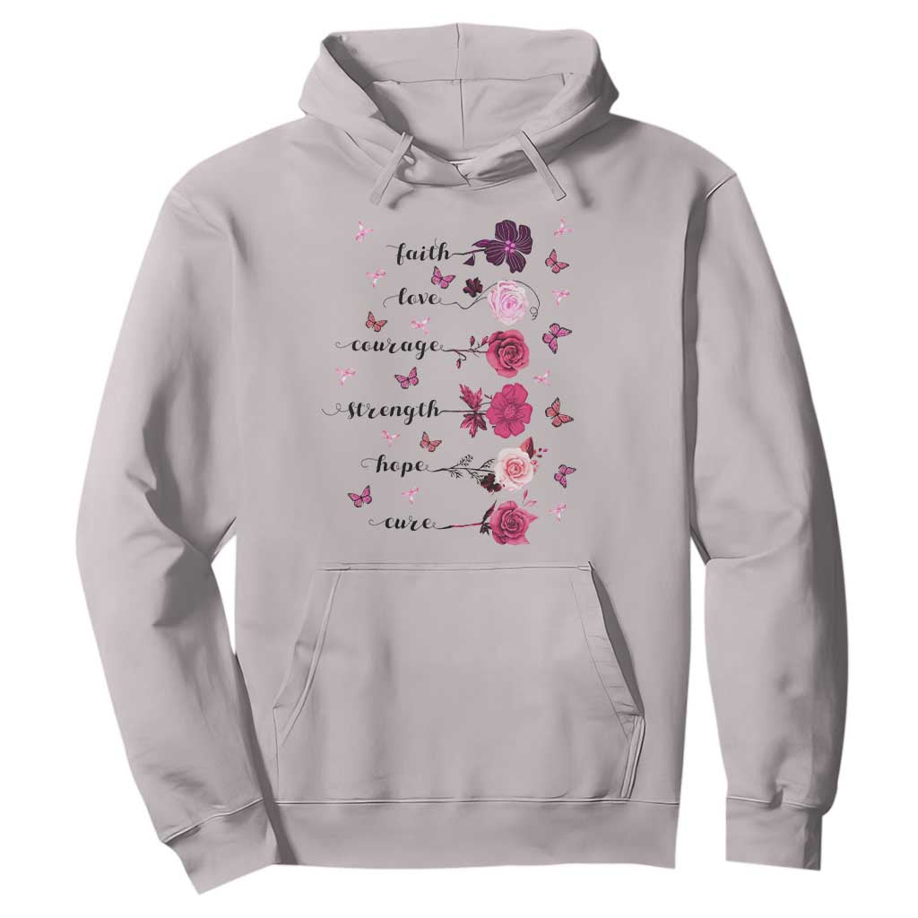 Breast Cancer Support Hoodie Faith Love Courage Strength Hope Cure Pink Flower Roses Butterfly