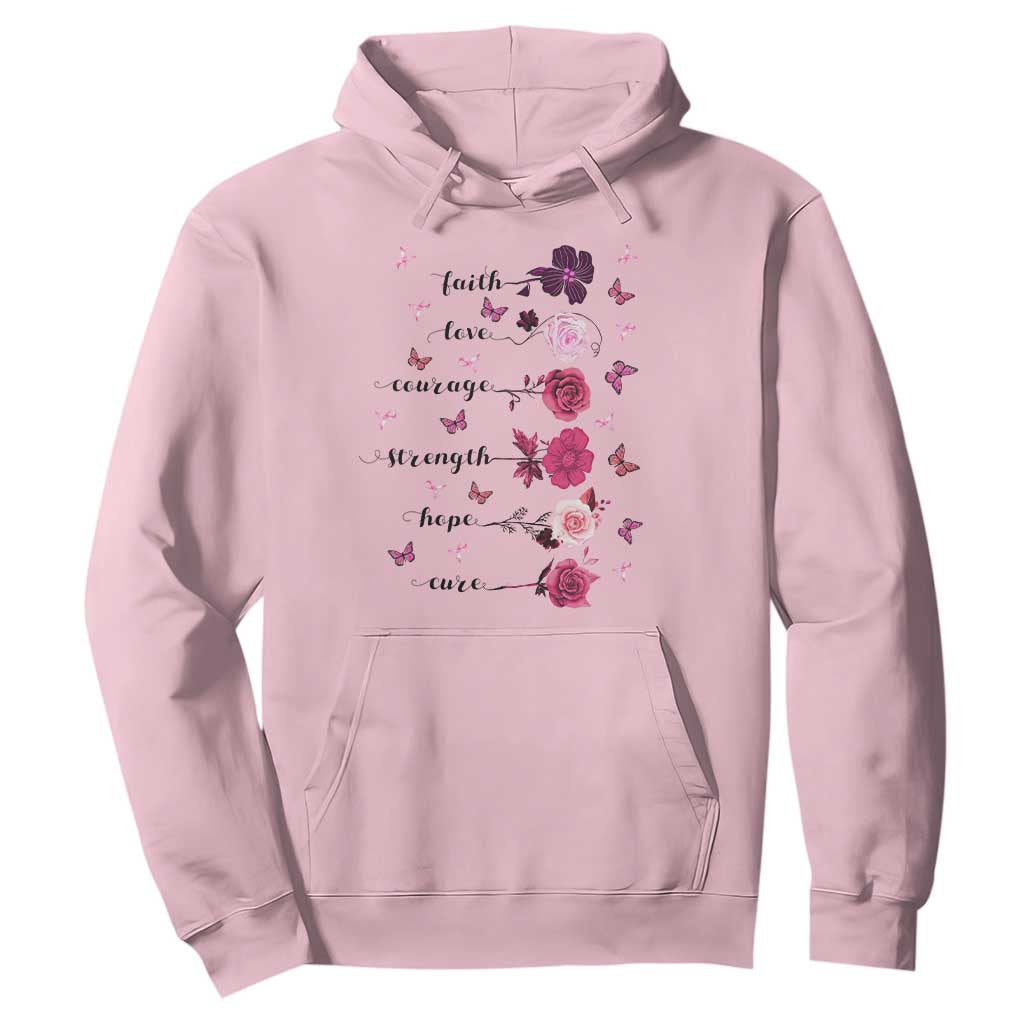 Breast Cancer Support Hoodie Faith Love Courage Strength Hope Cure Pink Flower Roses Butterfly