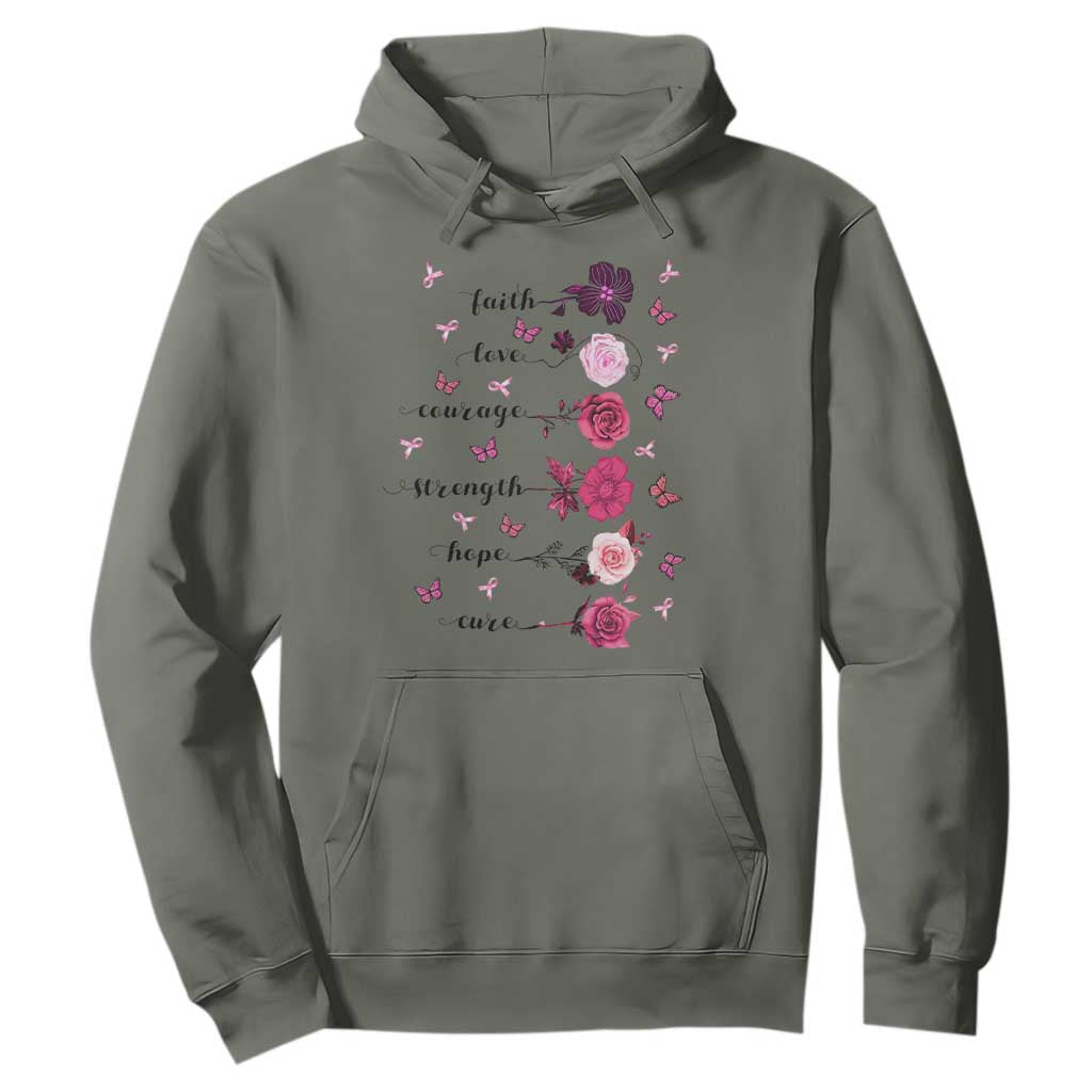 Breast Cancer Support Hoodie Faith Love Courage Strength Hope Cure Pink Flower Roses Butterfly