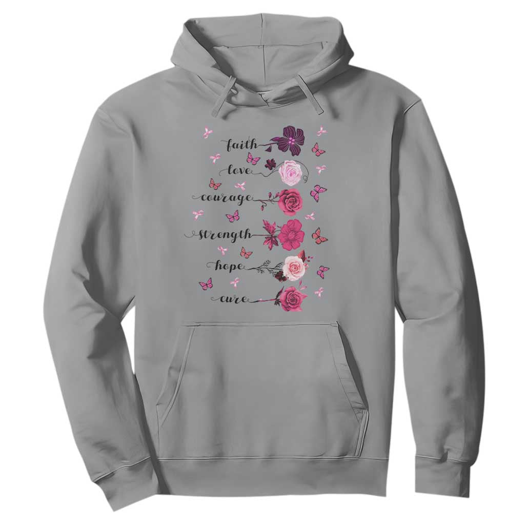 Breast Cancer Support Hoodie Faith Love Courage Strength Hope Cure Pink Flower Roses Butterfly