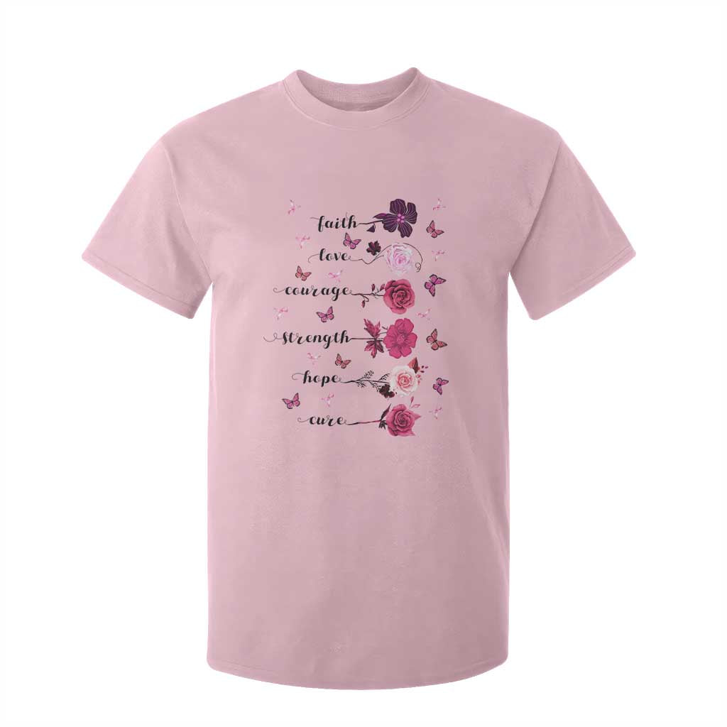 Breast Cancer Support T Shirt For Kid Faith Love Courage Strength Hope Cure Pink Flower Roses Butterfly