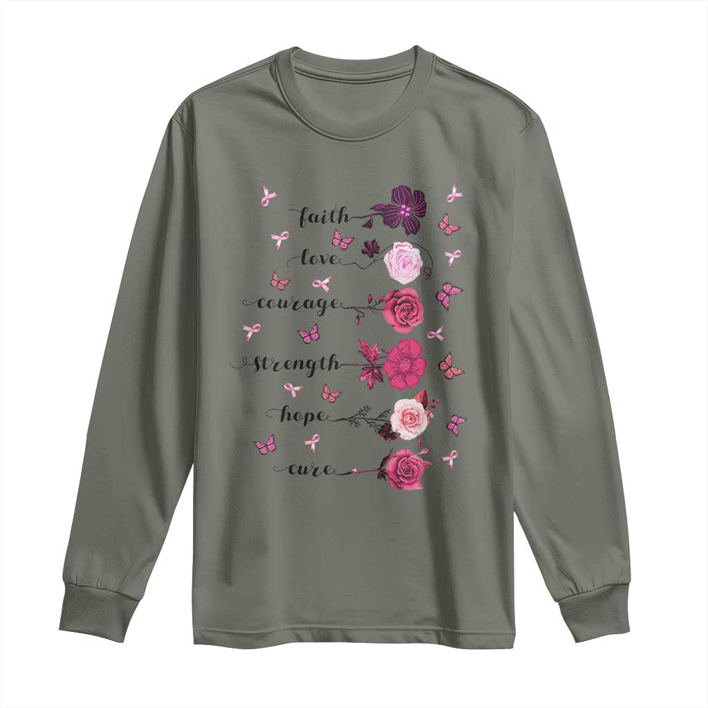 Breast Cancer Support Long Sleeve Shirt Faith Love Courage Strength Hope Cure Pink Flower Roses Butterfly