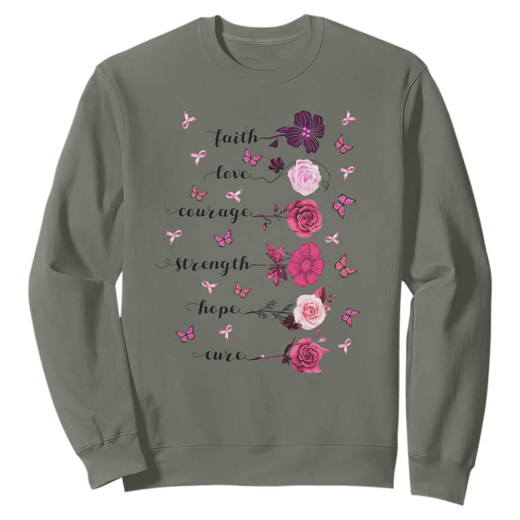 Breast Cancer Support Sweatshirt Faith Love Courage Strength Hope Cure Pink Flower Roses Butterfly