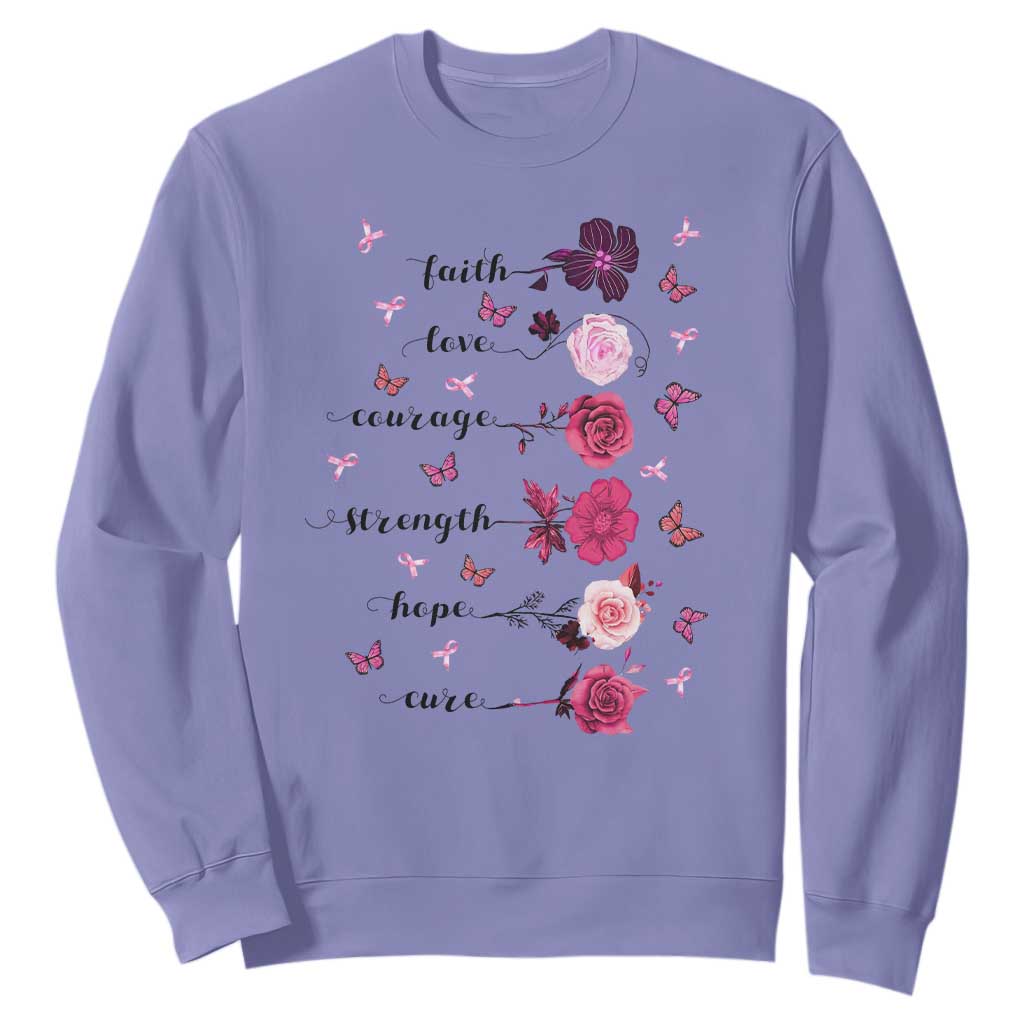 Breast Cancer Support Sweatshirt Faith Love Courage Strength Hope Cure Pink Flower Roses Butterfly