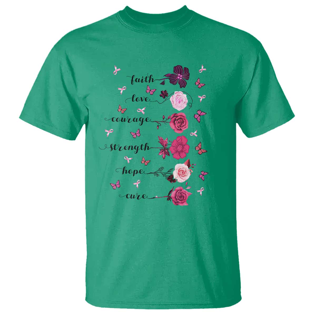Breast Cancer Support T Shirt Faith Love Courage Strength Hope Cure Pink Flower Roses Butterfly