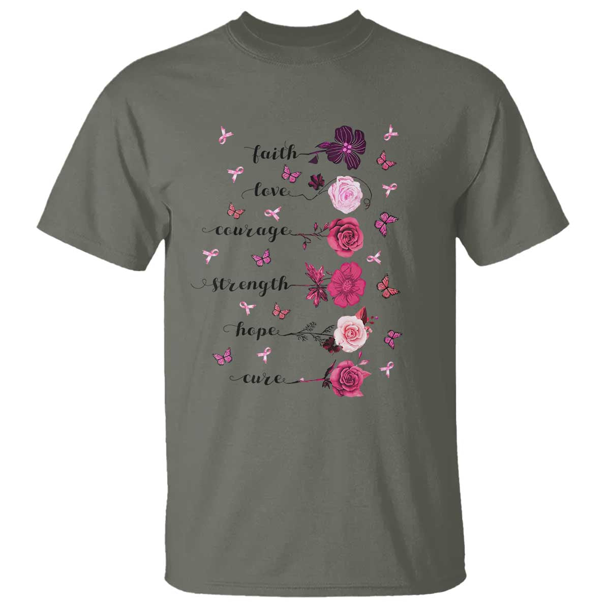 Breast Cancer Support T Shirt Faith Love Courage Strength Hope Cure Pink Flower Roses Butterfly