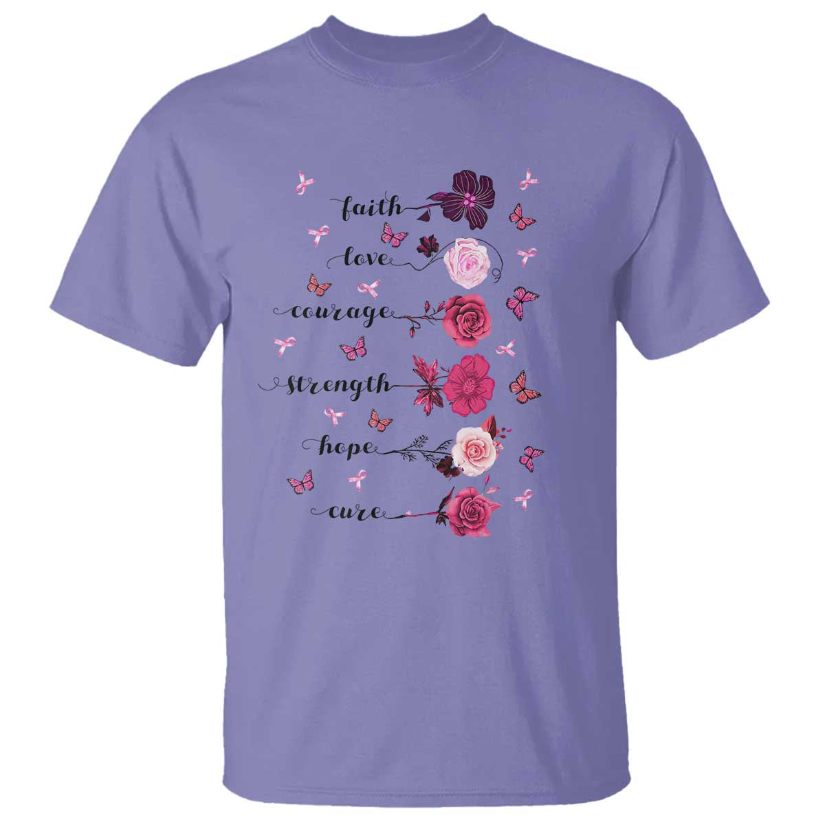 Breast Cancer Support T Shirt Faith Love Courage Strength Hope Cure Pink Flower Roses Butterfly