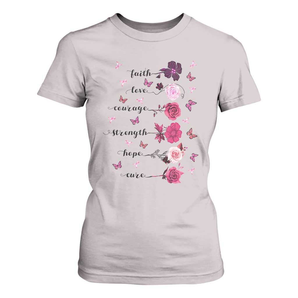 Breast Cancer Support T Shirt For Women Faith Love Courage Strength Hope Cure Pink Flower Roses Butterfly