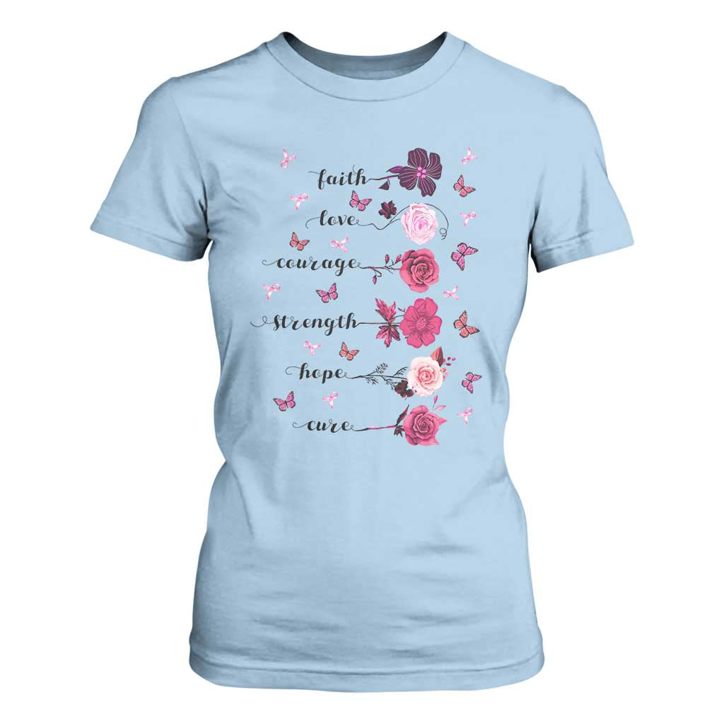 Breast Cancer Support T Shirt For Women Faith Love Courage Strength Hope Cure Pink Flower Roses Butterfly