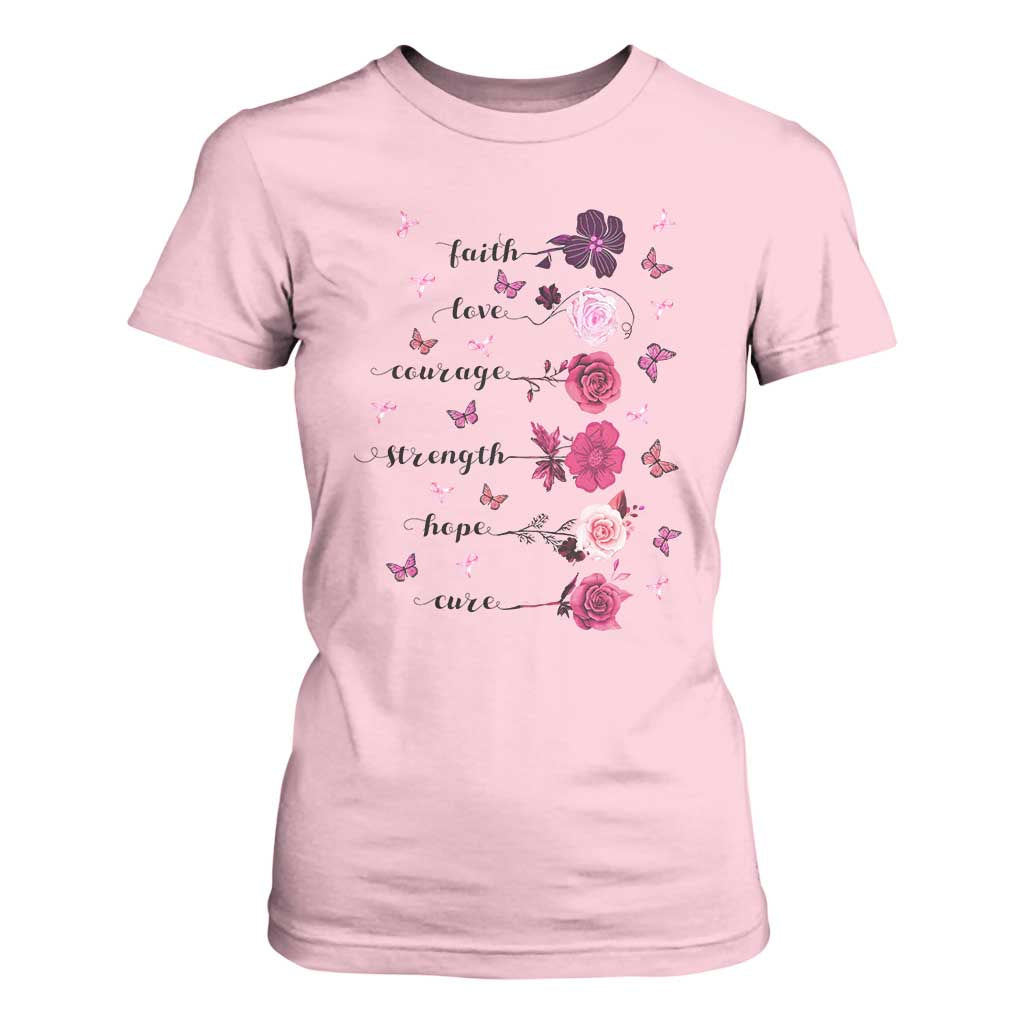 Breast Cancer Support T Shirt For Women Faith Love Courage Strength Hope Cure Pink Flower Roses Butterfly