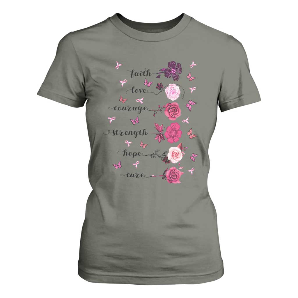 Breast Cancer Support T Shirt For Women Faith Love Courage Strength Hope Cure Pink Flower Roses Butterfly