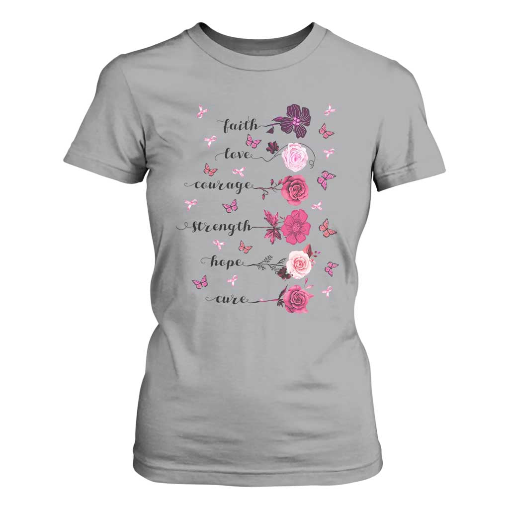 Breast Cancer Support T Shirt For Women Faith Love Courage Strength Hope Cure Pink Flower Roses Butterfly