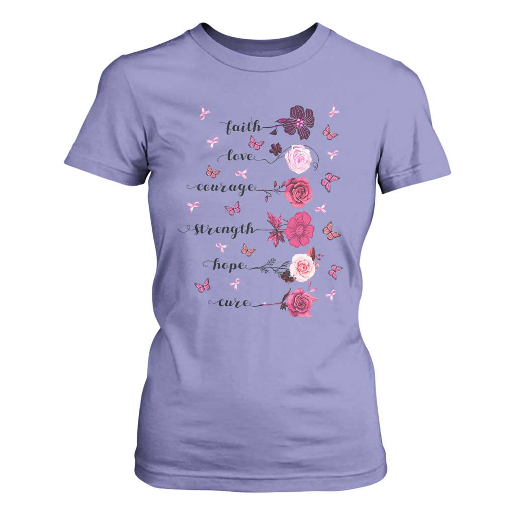 Breast Cancer Support T Shirt For Women Faith Love Courage Strength Hope Cure Pink Flower Roses Butterfly