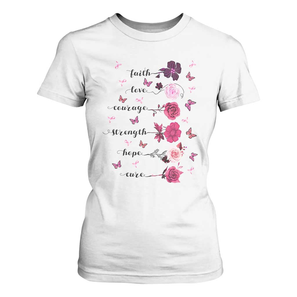 Breast Cancer Support T Shirt For Women Faith Love Courage Strength Hope Cure Pink Flower Roses Butterfly