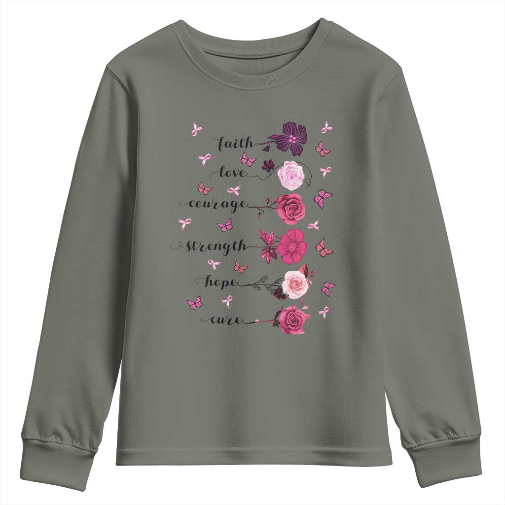 Breast Cancer Support Youth Sweatshirt Faith Love Courage Strength Hope Cure Pink Flower Roses Butterfly