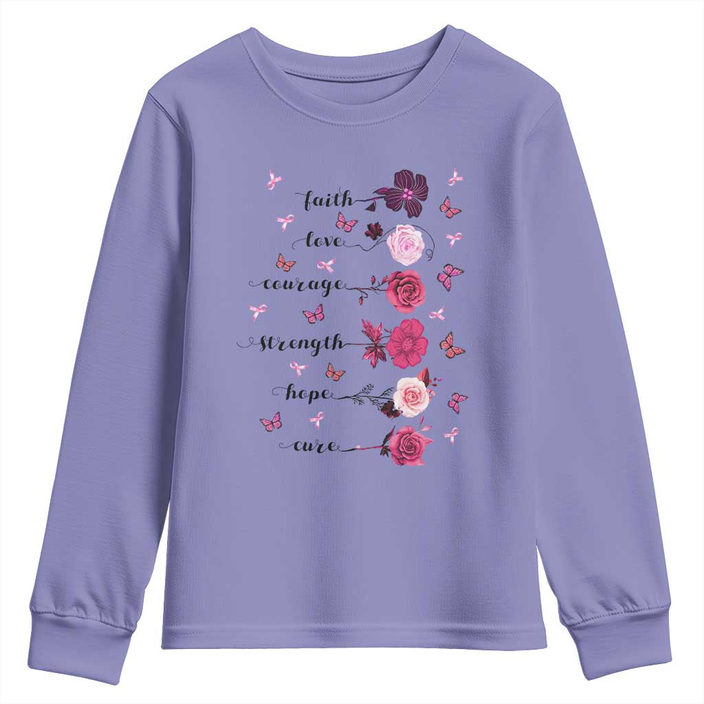 Breast Cancer Support Youth Sweatshirt Faith Love Courage Strength Hope Cure Pink Flower Roses Butterfly
