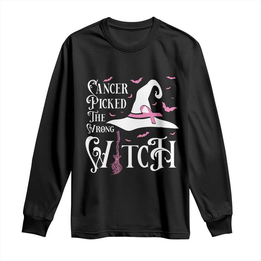 Breast Cancer Support Long Sleeve Shirt Cancer Picked The Wrong Witch Hat Broom Bat Pink Ribbon
