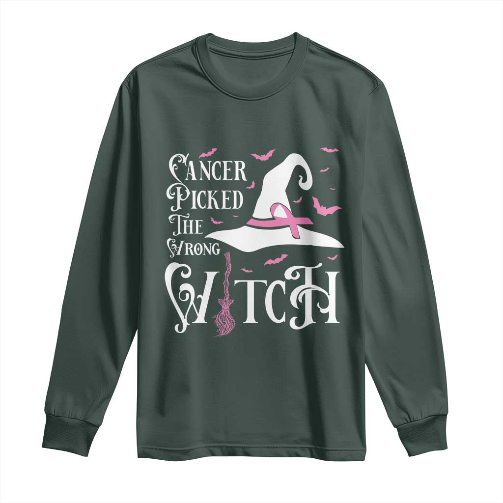 Breast Cancer Support Long Sleeve Shirt Cancer Picked The Wrong Witch Hat Broom Bat Pink Ribbon
