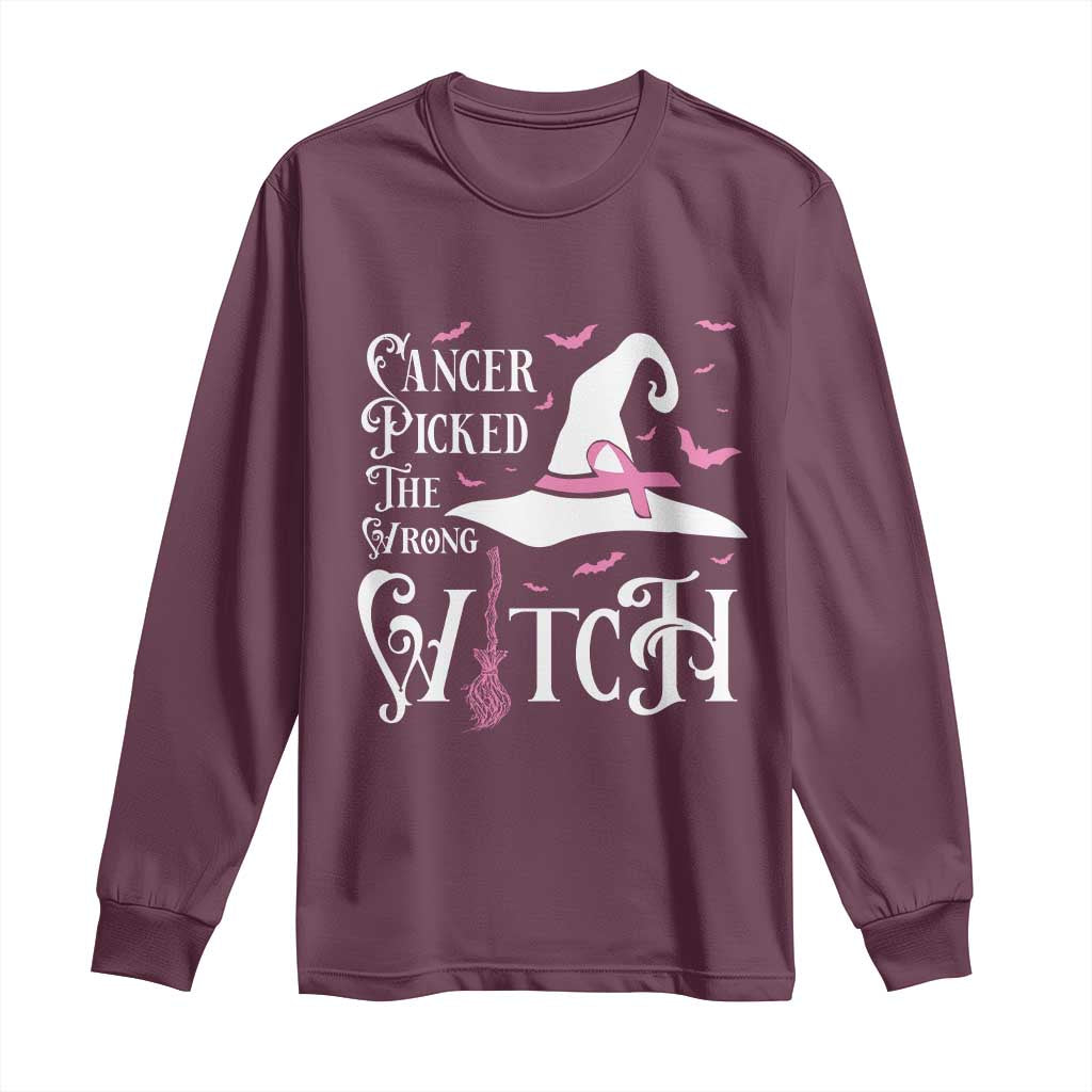 Breast Cancer Support Long Sleeve Shirt Cancer Picked The Wrong Witch Hat Broom Bat Pink Ribbon