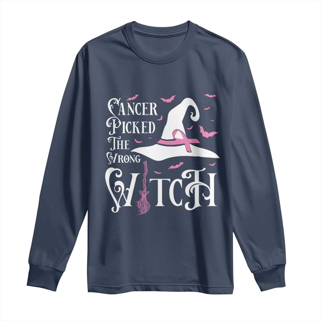 Breast Cancer Support Long Sleeve Shirt Cancer Picked The Wrong Witch Hat Broom Bat Pink Ribbon