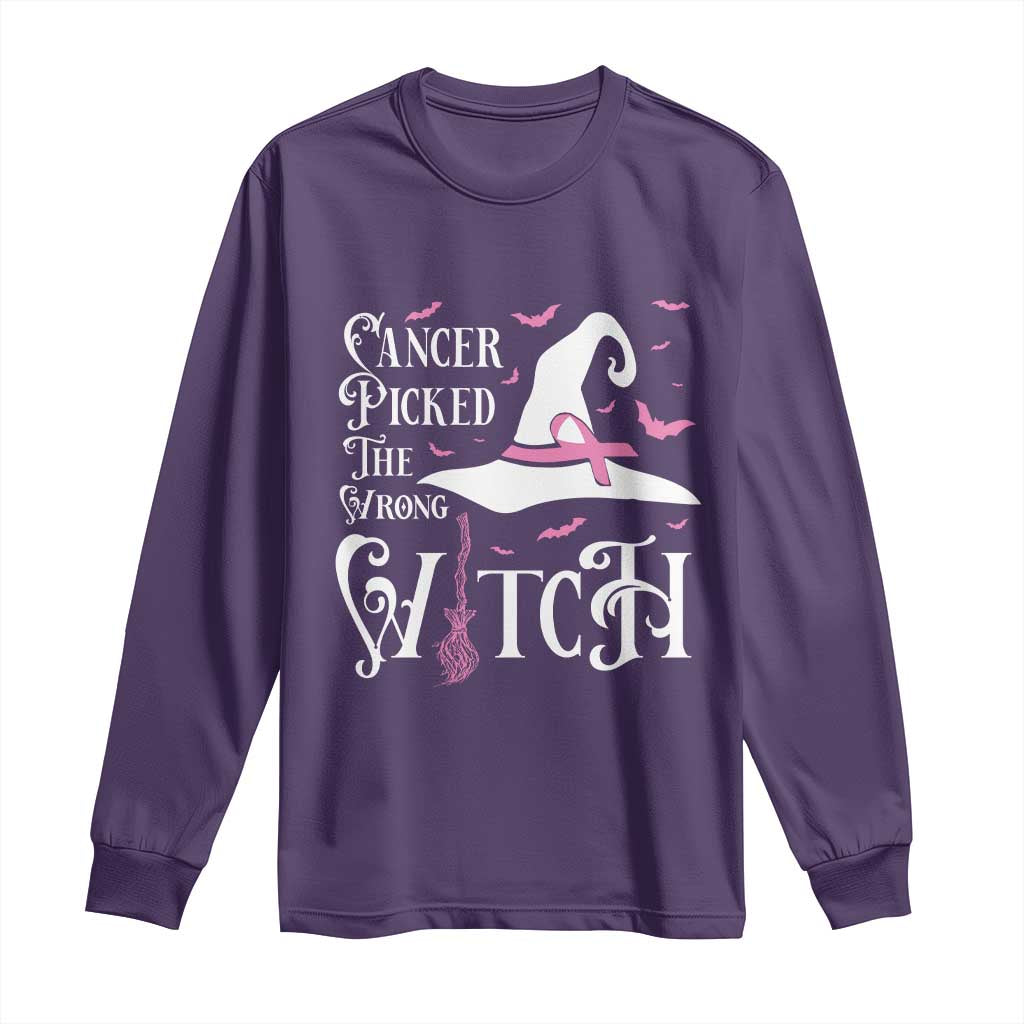 Breast Cancer Support Long Sleeve Shirt Cancer Picked The Wrong Witch Hat Broom Bat Pink Ribbon